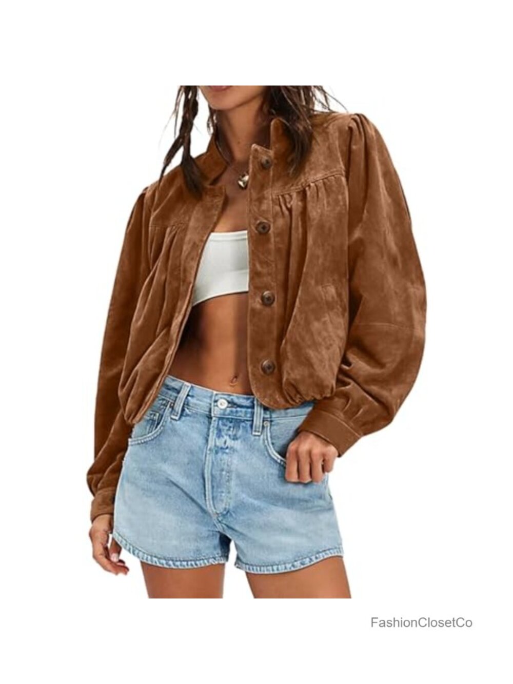 Faux Suede Cropped Jacket Puffed Long Sleeve Stand Collar Button Down